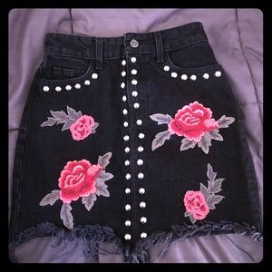 Black Studded Floral Embroidered Mini Skirt